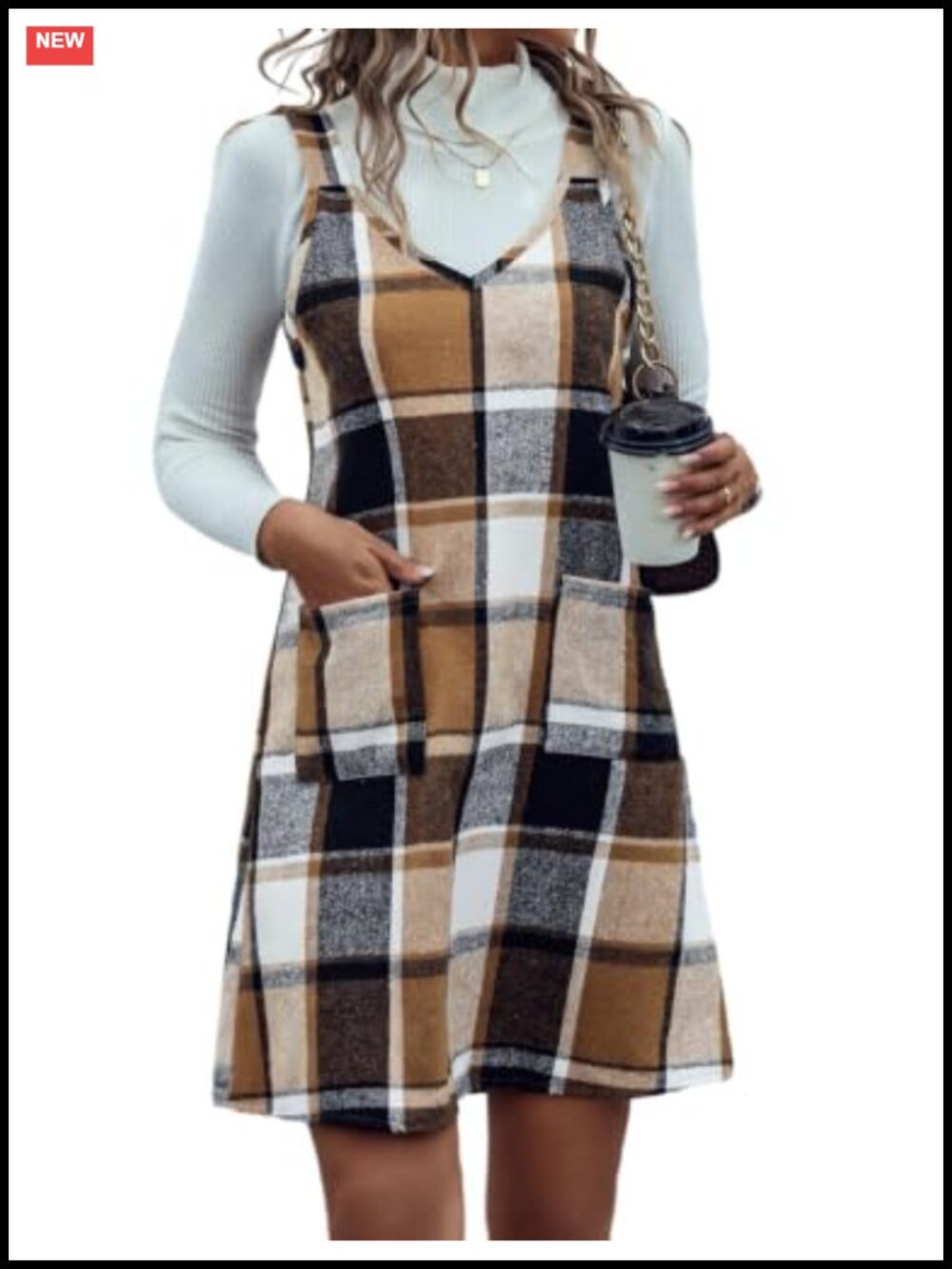Plaid Overall Dress Sleeveless V-Neck Wool Blend Pockets Casual Fall Winter